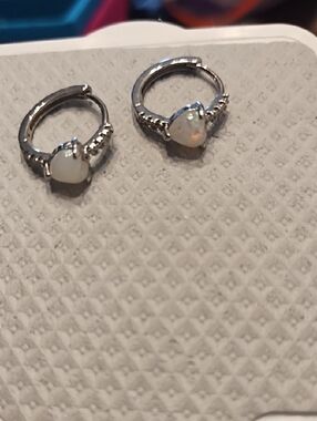 Opal Huggie Hoop Earrings in White Opal and Silver